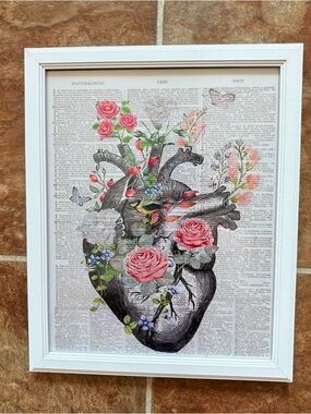 Floral Anatomical Heart Wall Art Print in Pink and Black - White Frame